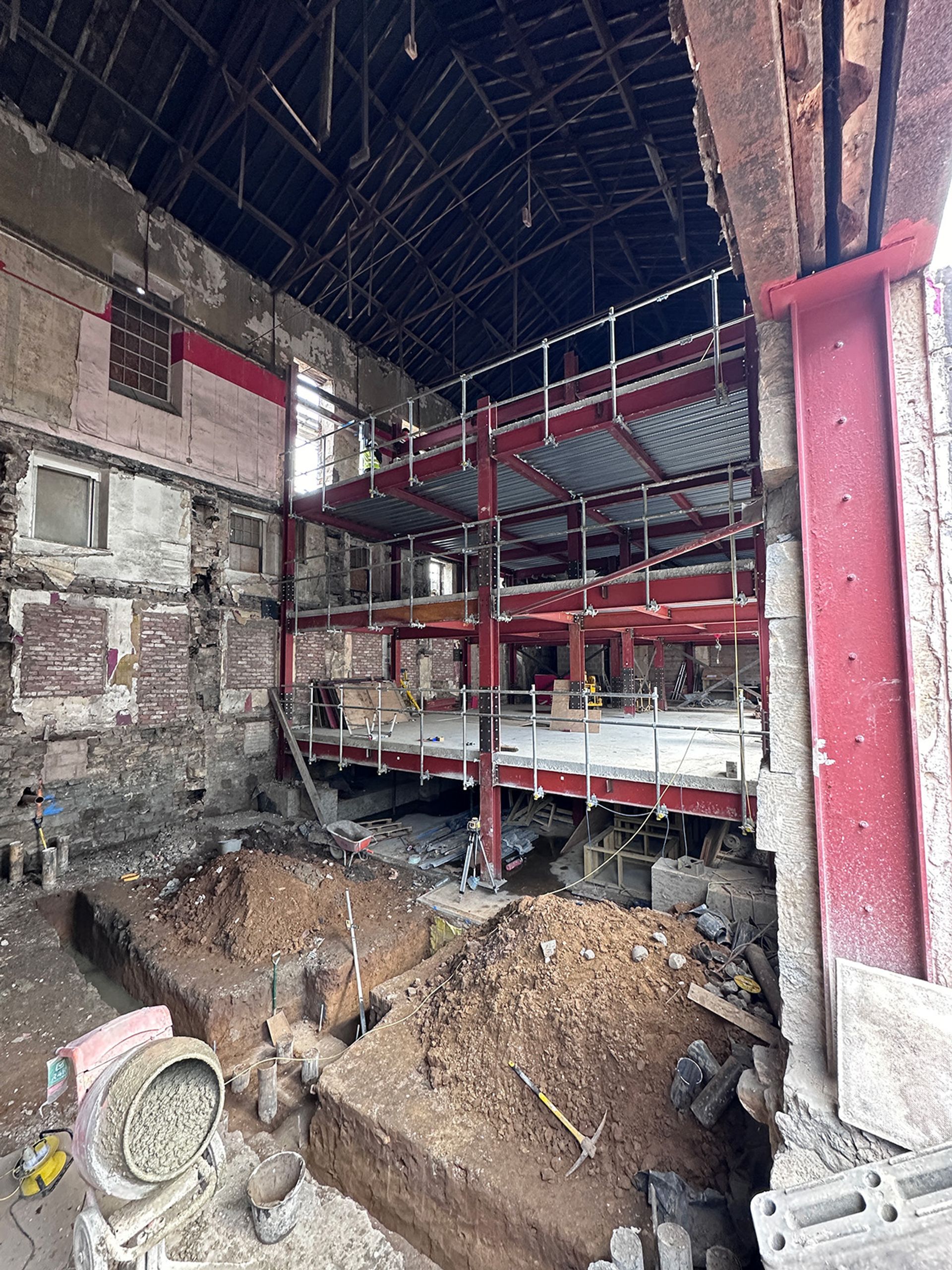 Internal steelwork being installed inside the shell.