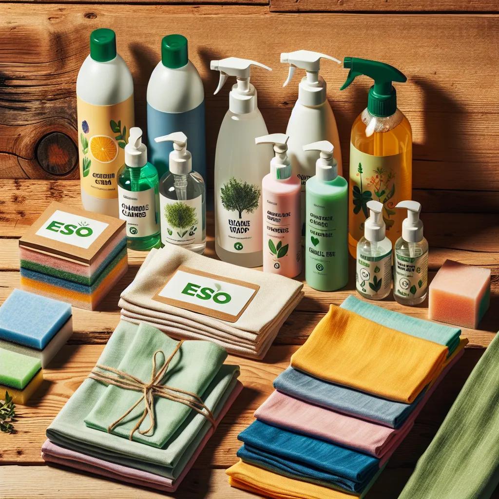 Eco-friendly cleaning products and reusable cloths on a wooden surface
