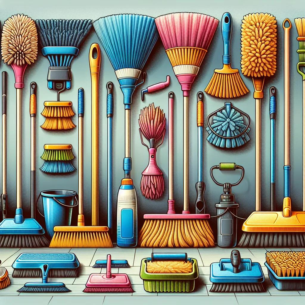 Various cleaning tools including brooms, mops, and scrub brushes