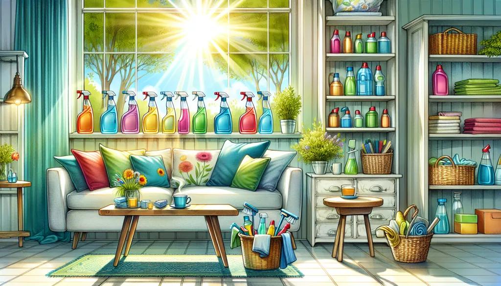 A clean and tidy home with cleaning supplies organized.