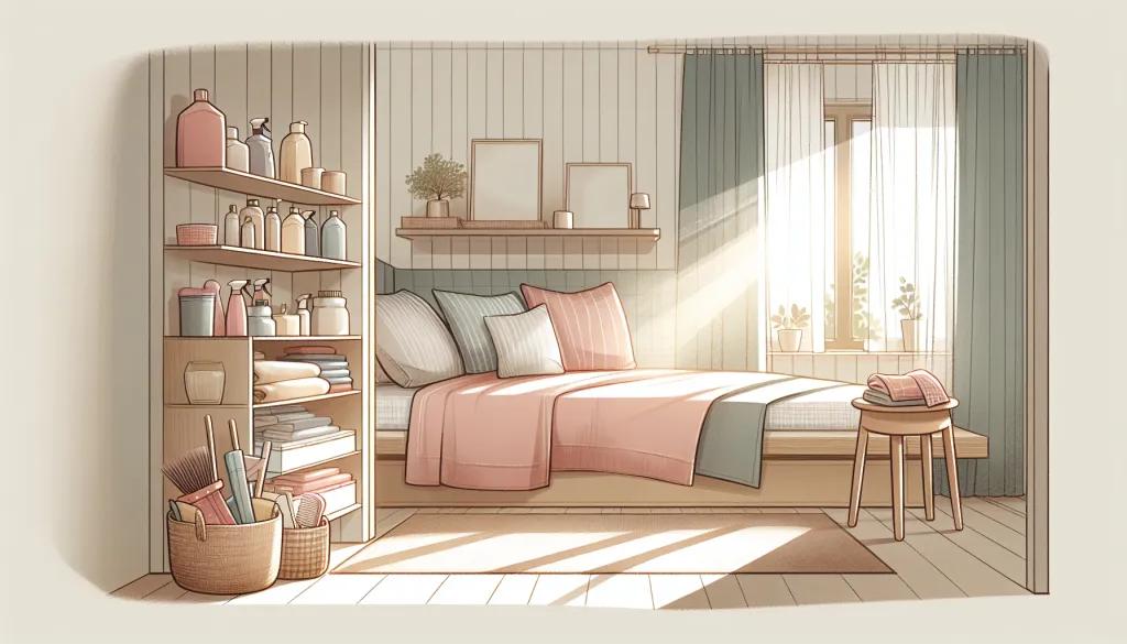 A tidy living space with organized furniture and cleaning supplies.