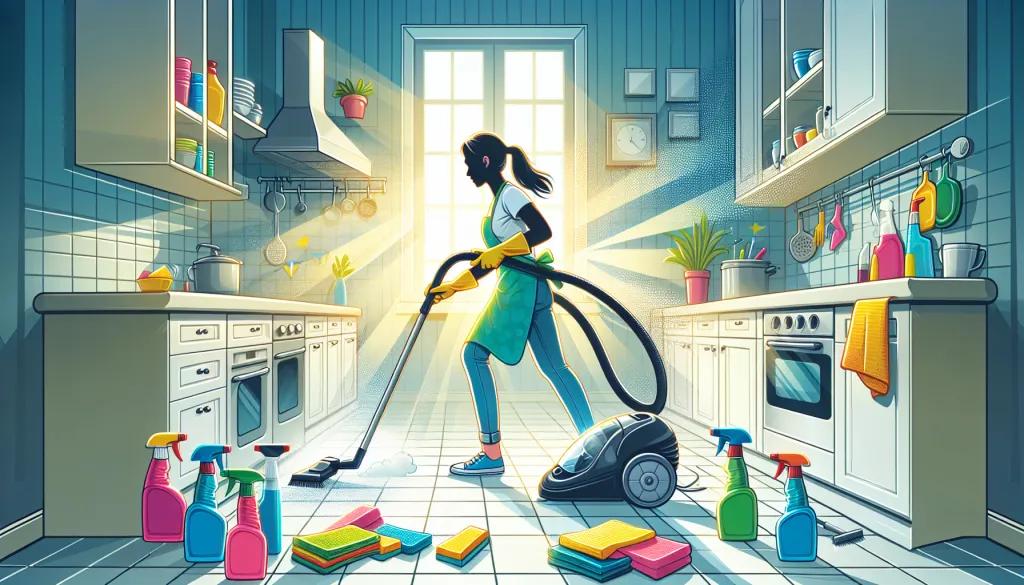 A person deep cleaning a kitchen with various cleaning supplies.
