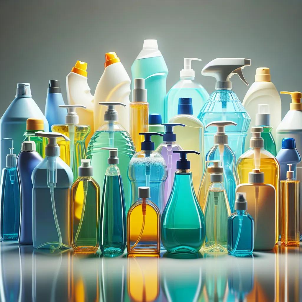 Various bottles of cleaning solutions arranged neatly