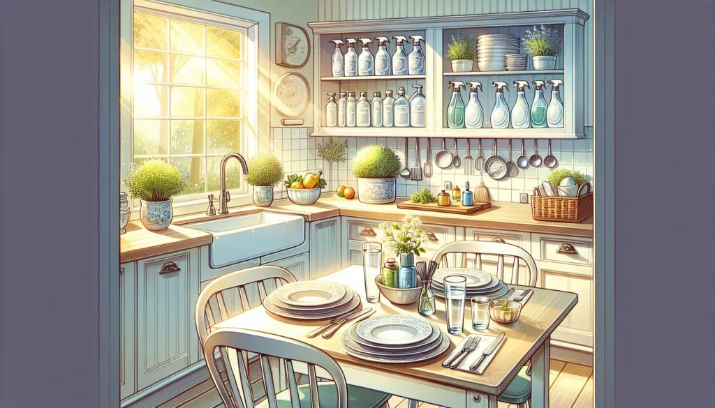 A spotless kitchen with a dining room table and cleaning products.