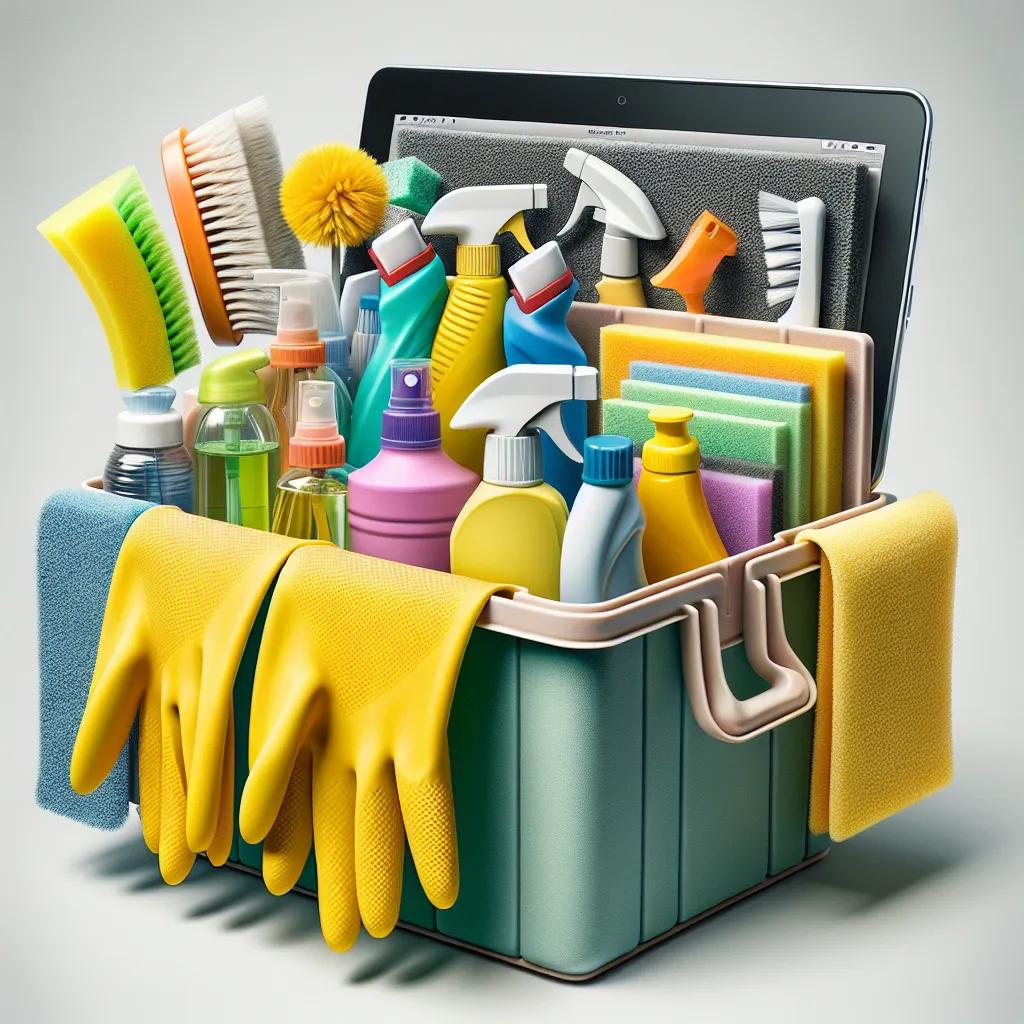 A well-organized cleaning caddy with compartments filled with cleaning supplies