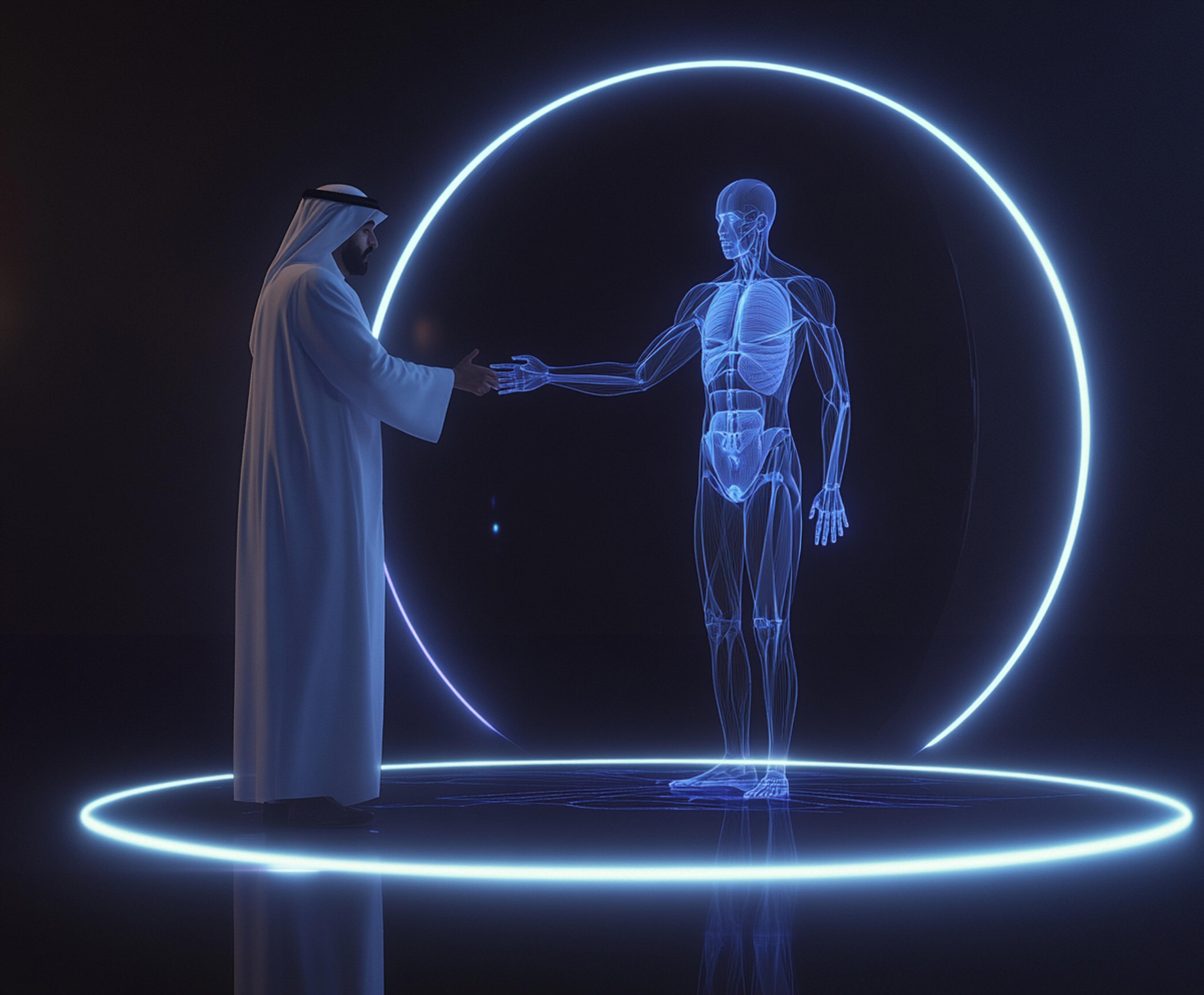 Cover image for the Digital Twin white paper. A person reaches to shake hands with a digital human twin inside a glowing circular portal, symbolizing AI-powered personalized healthcare, digital innovation, and preventive care.