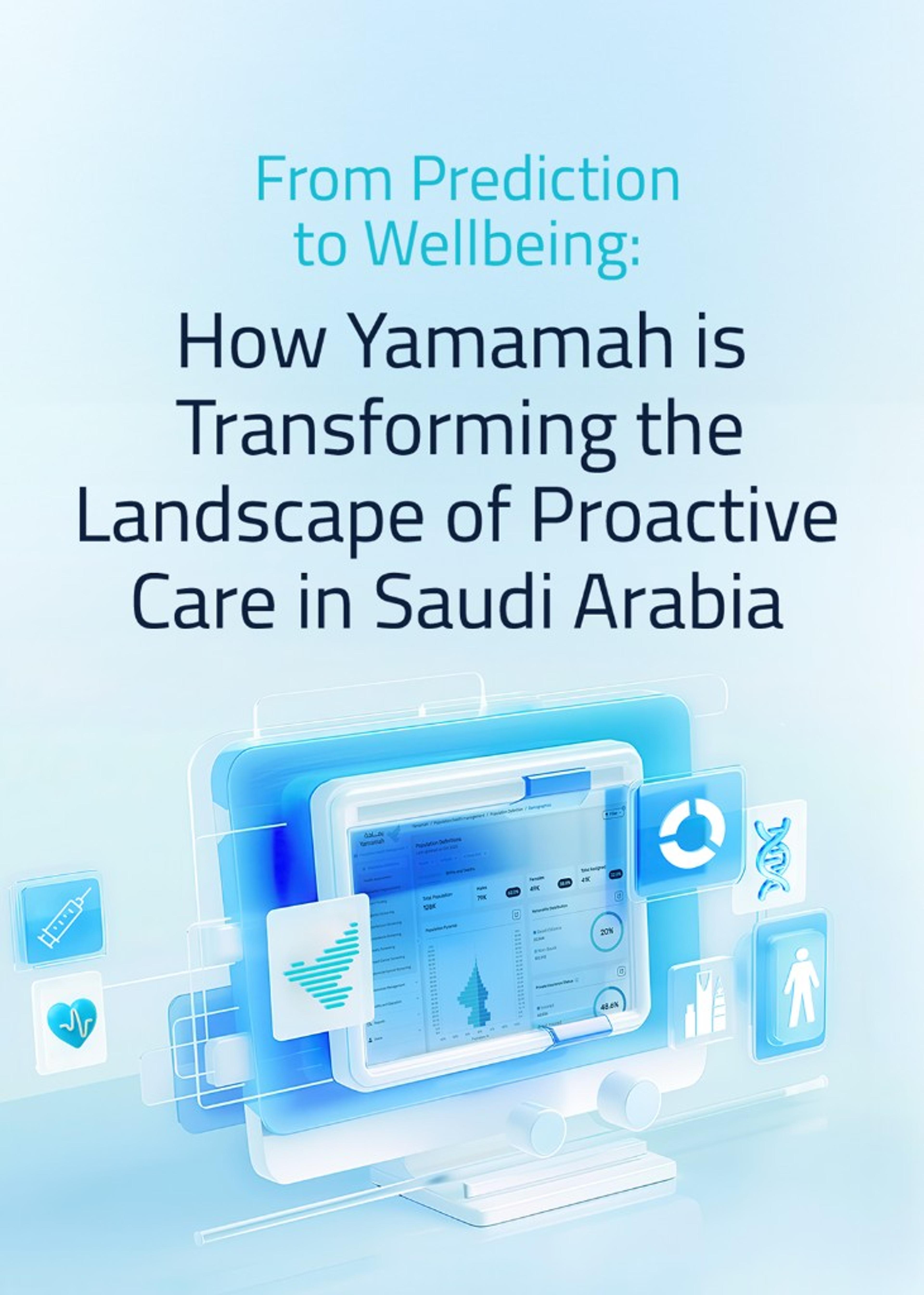 Cover of the Yamamah Platform Research Report titled "From Prediction to Wellbeing." The illustration features a digital healthcare dashboard surrounded by medical and AI icons, representing how data and artificial intelligence enable proactive healthcare and improve health outcomes across Saudi Arabia.