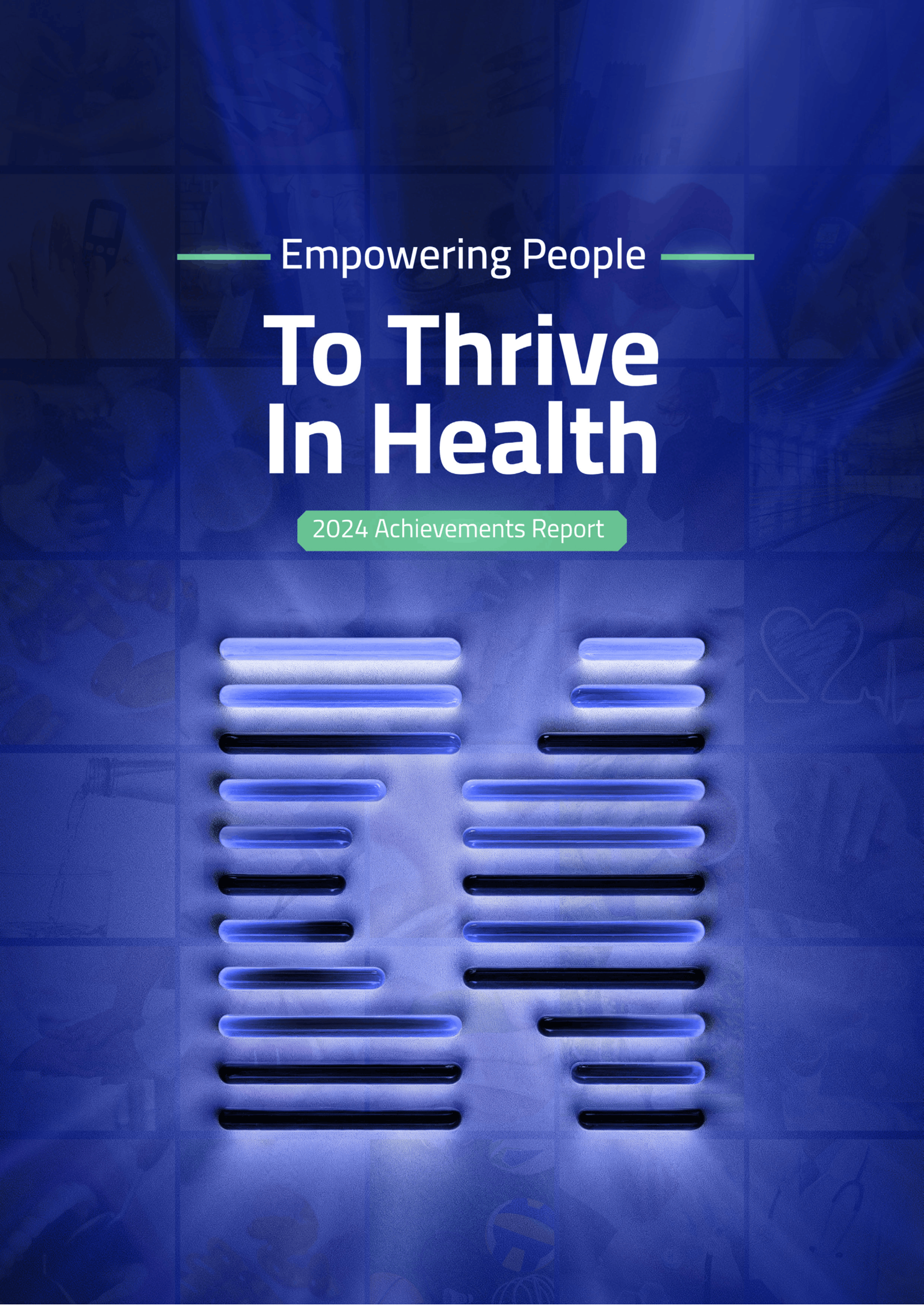 Cover of the 2024 Annual Report titled "Empowering People to Thrive in Health." The design features a stylized report icon over a collage of healthcare scenes, representing Lean's impact on improving healthcare experiences, operational efficiency, and access to care across Saudi Arabia.