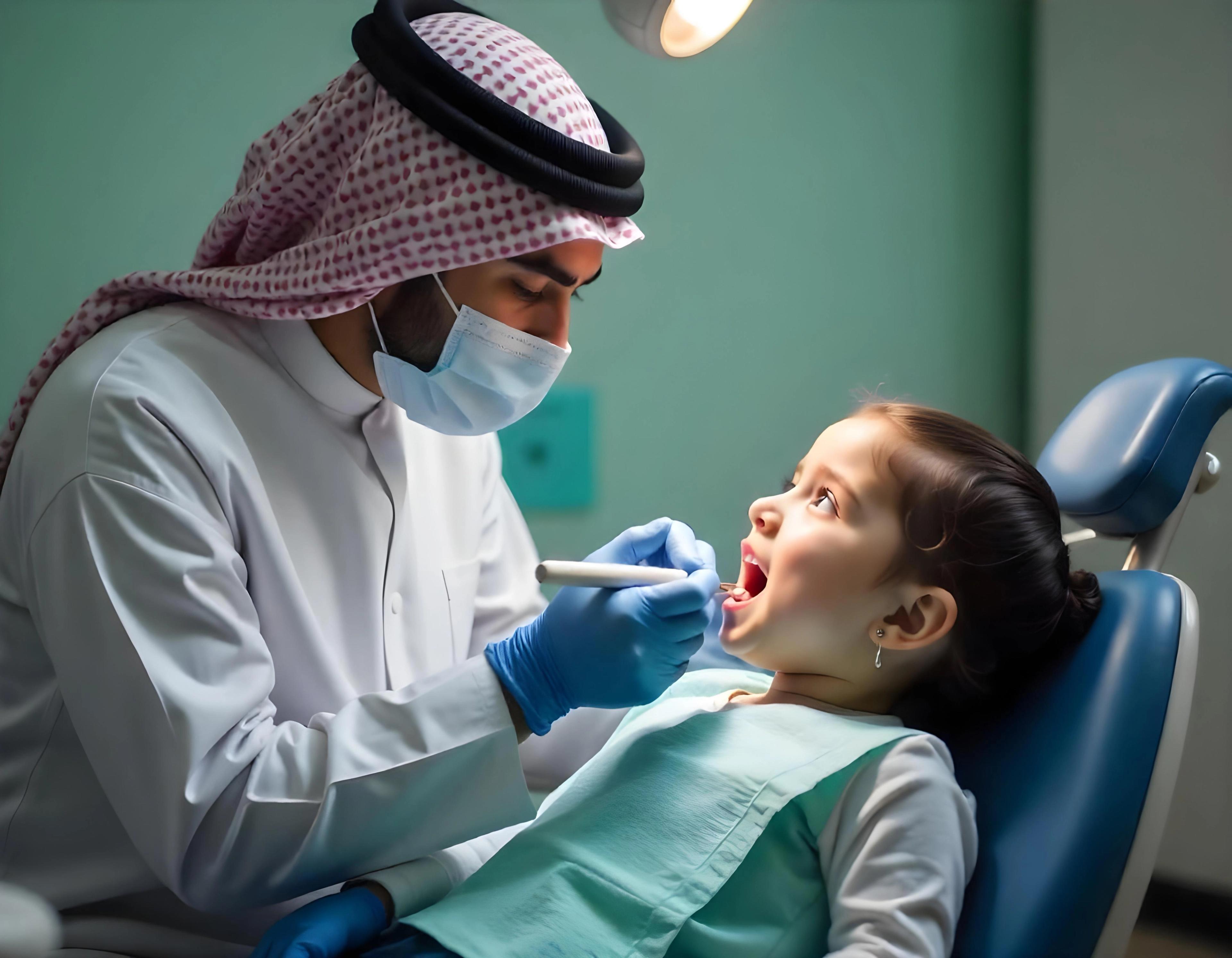 Cover image for the journal article "The Prevalence of Tooth Decay Among School-Aged Children in Saudi Arabia." A dentist examines a young child's teeth during a routine dental check-up, representing pediatric oral health, prevention, and access to dental care.