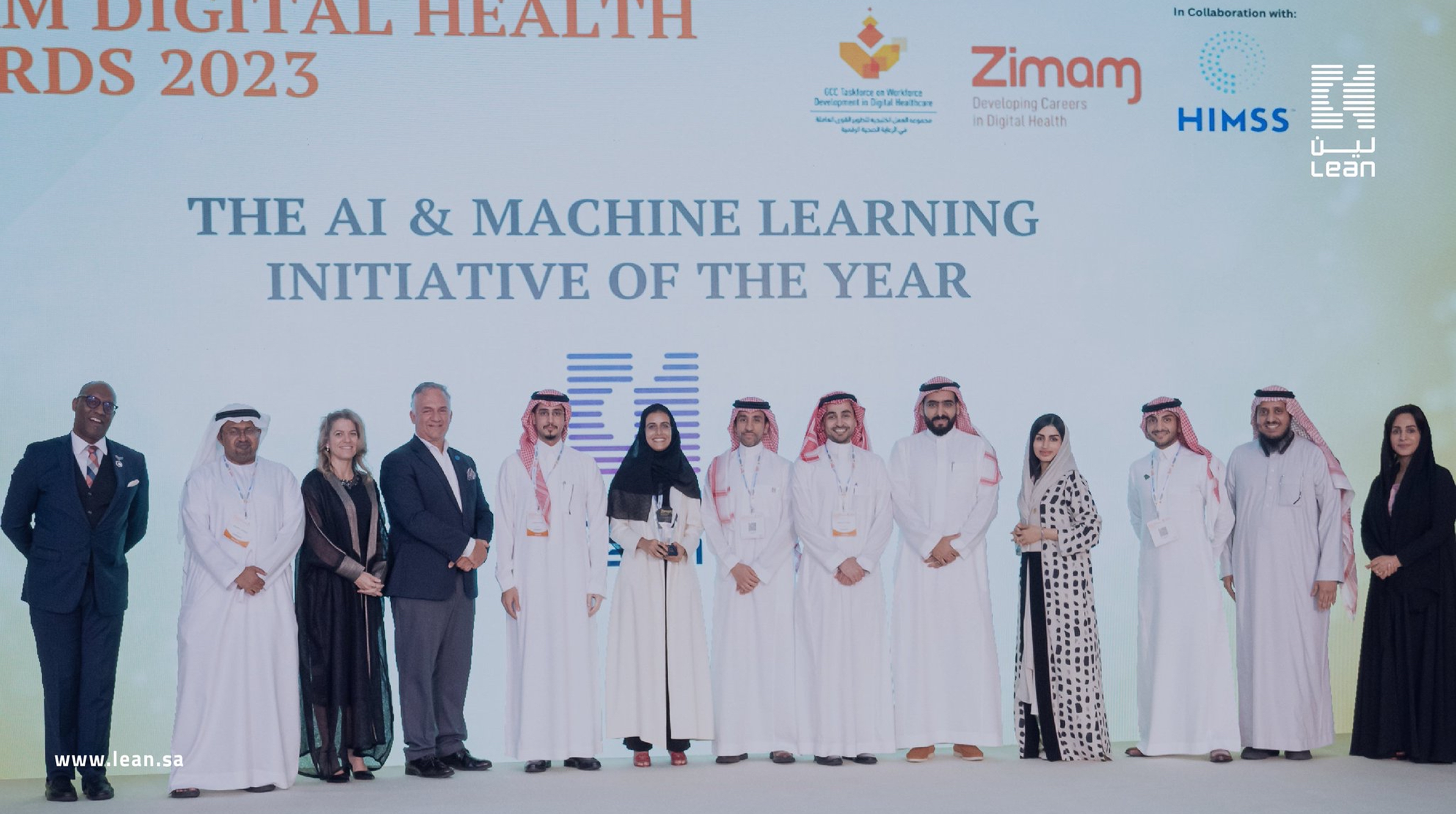 Lean Business Services receiving the Artificial Intelligence and Machine Learning Initiative of the Year Award at the Zimam GCC Conference 2023.