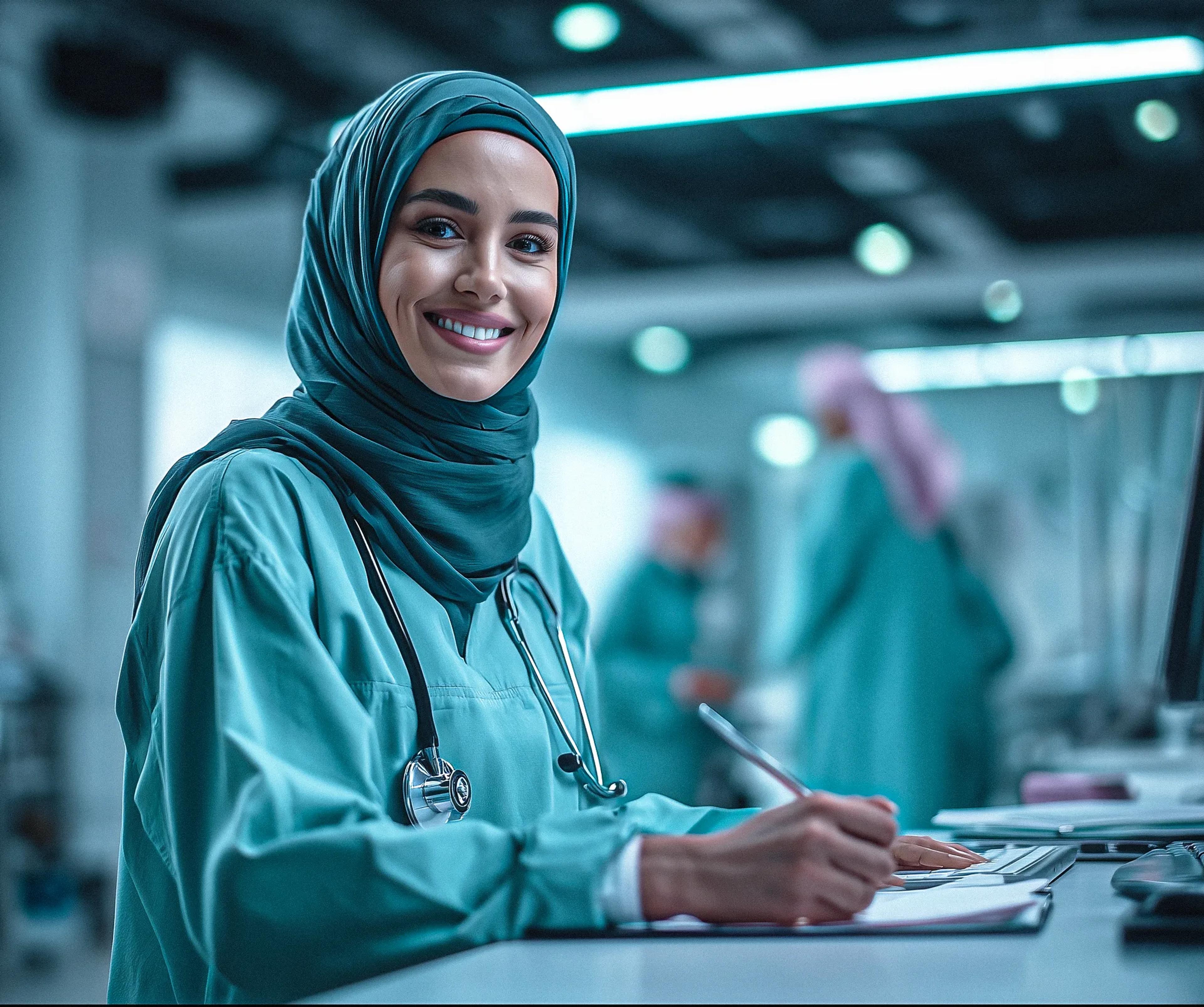 Female healthcare professional in a clinical setting wearing scrubs and a stethoscope, documenting patient information on a computer, representing efficient healthcare operations and facility services.