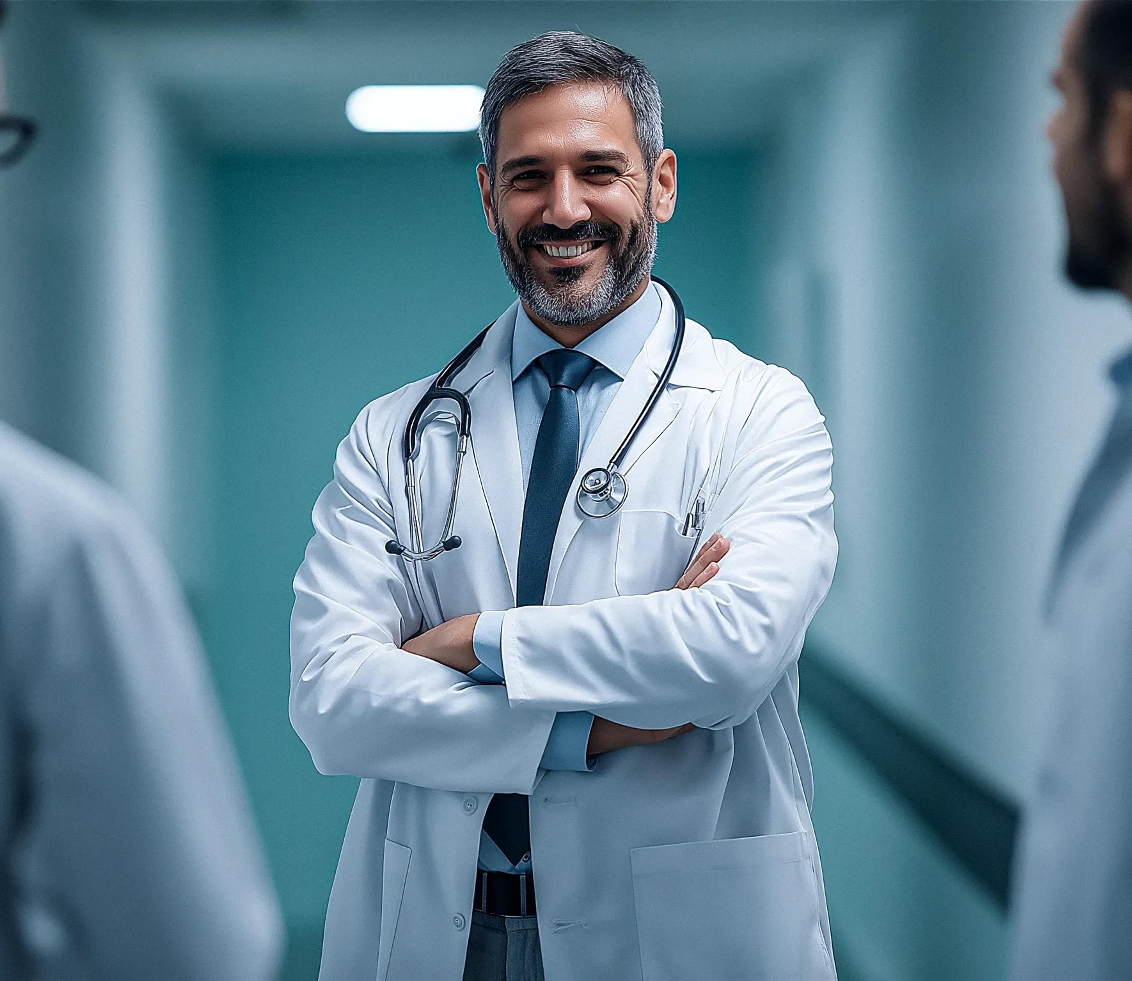 Doctor standing in a hospital hallway, wearing a white coat and stethoscope, smiling while speaking with two colleagues, representing a professional healthcare network and collaboration environment.