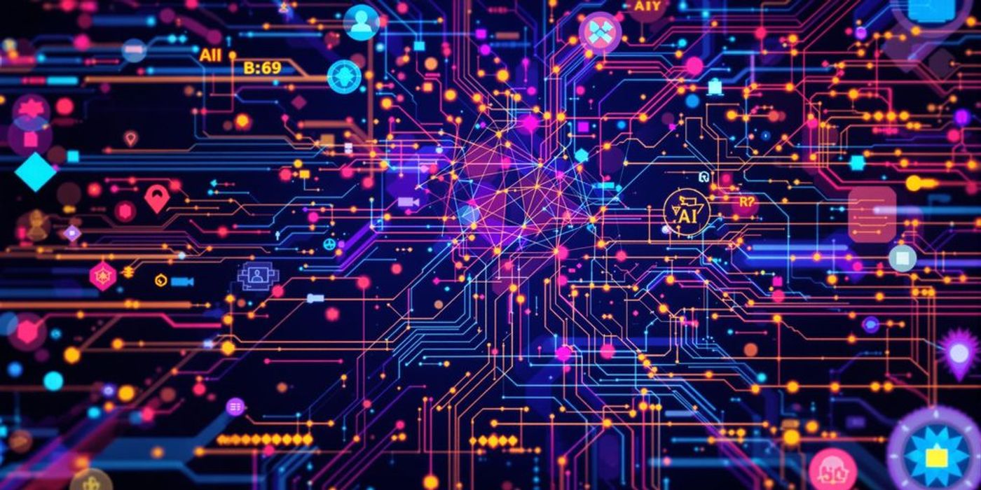 Modern interface with AI elements and digital patterns.