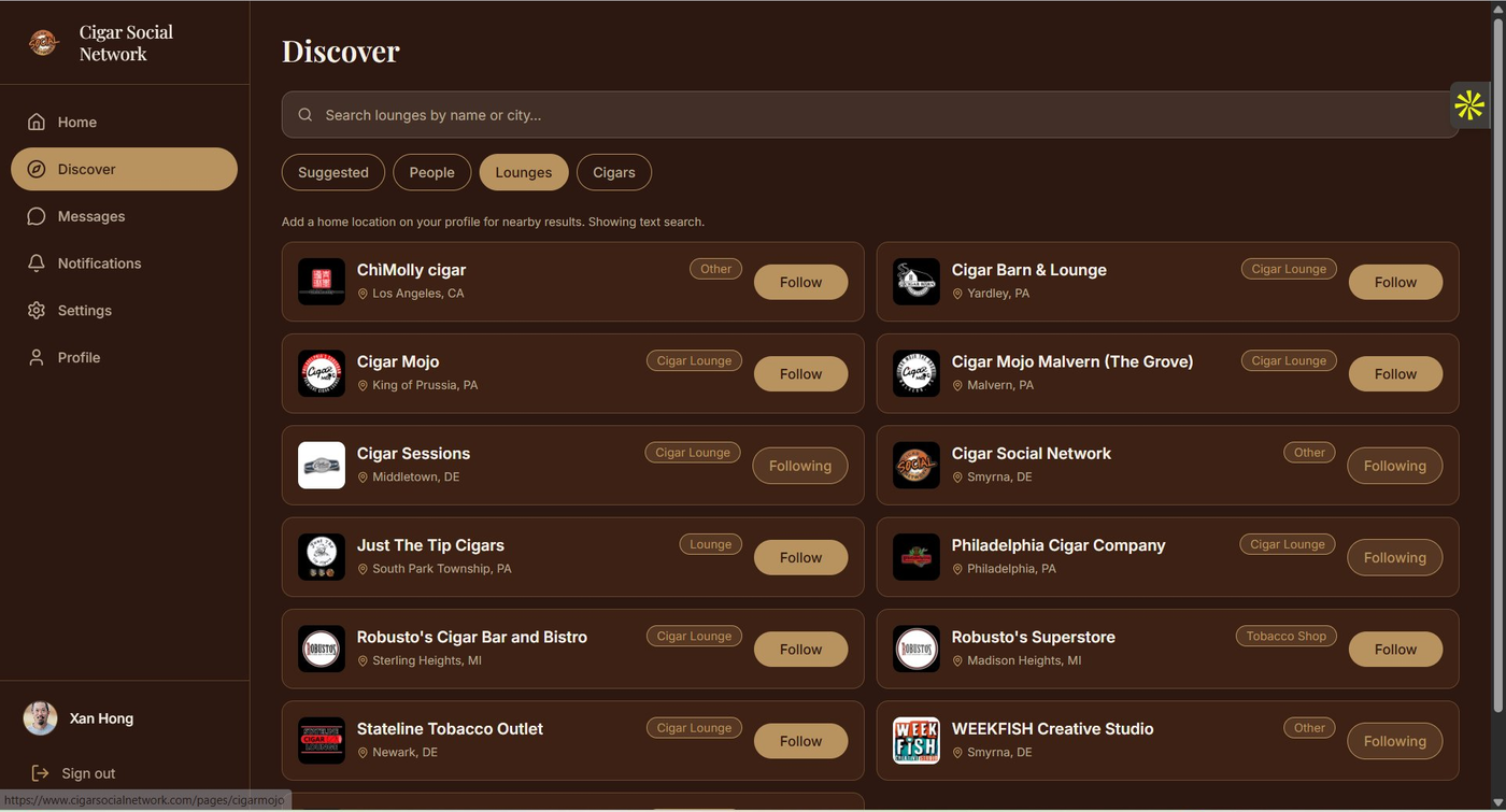 Cigar Social Network's Discover page listing cigar lounges to follow