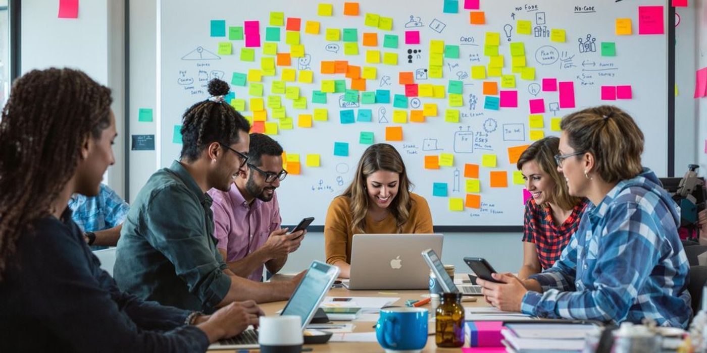 Team collaborating on no-code development in a bright workspace.