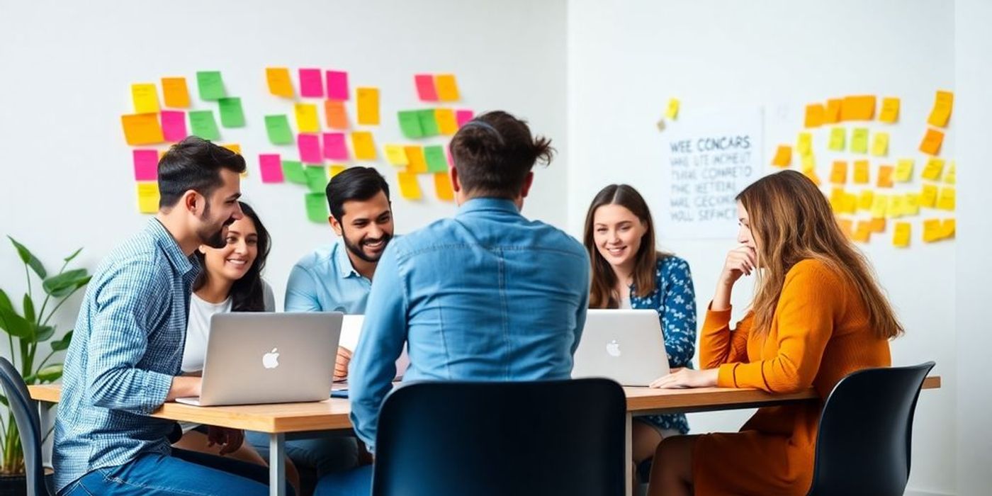 Group collaborating on no-code development in a bright office.