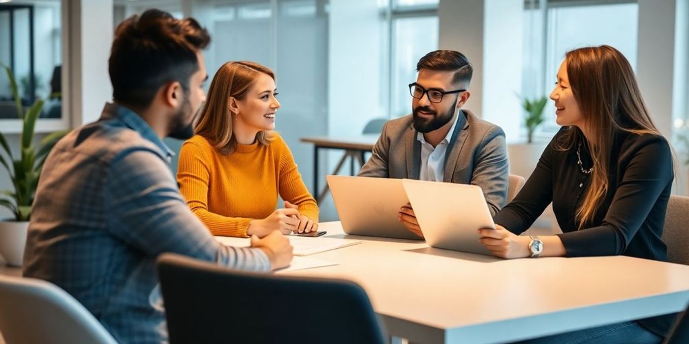 Client and agency discussing app development in an office.