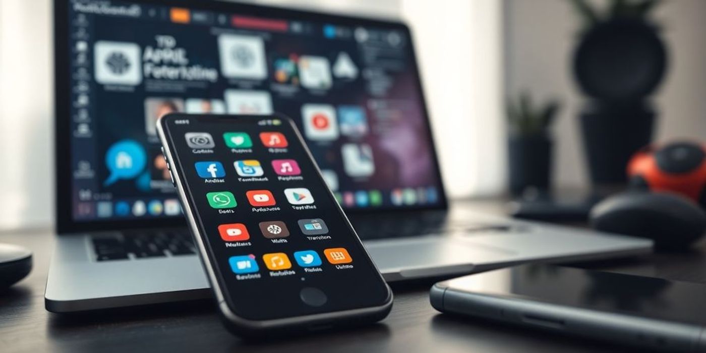 Smartphone and laptop in a modern workspace.