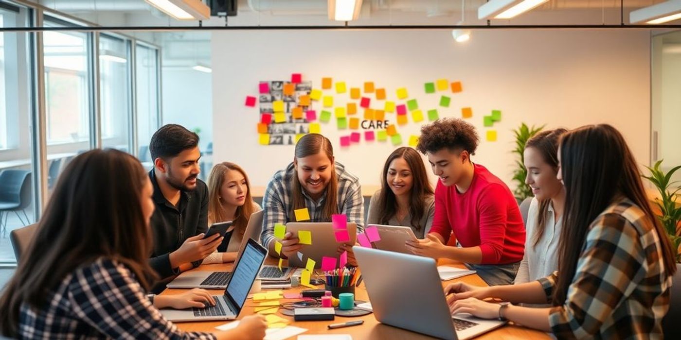 Group collaborating on no-code software development in an office.