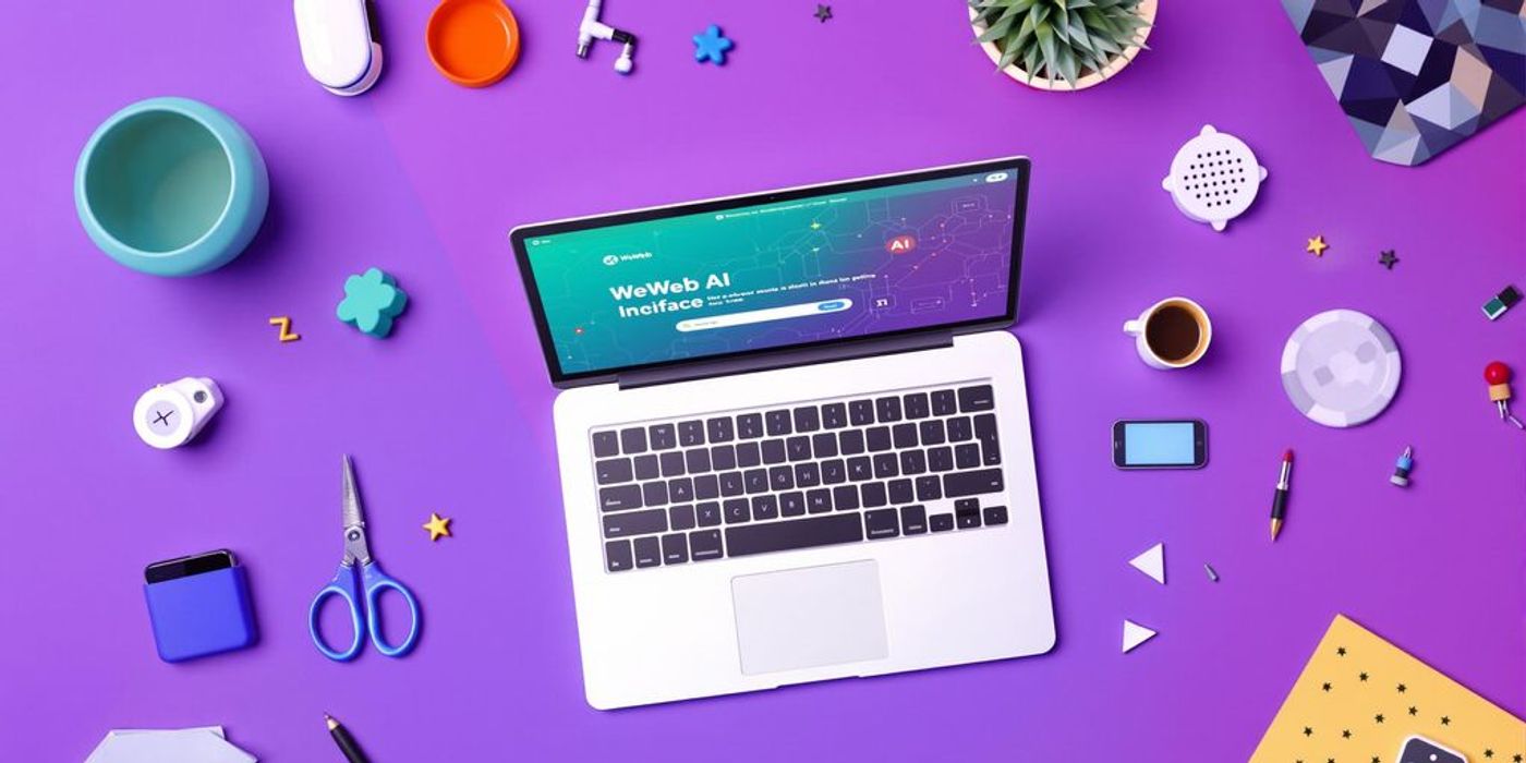 Modern workspace with WeWeb's AI interface on laptop.