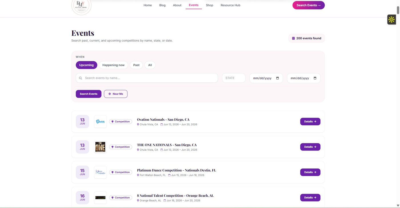 Dance Mom Central's Events page showing 200 competitions found in a searchable database