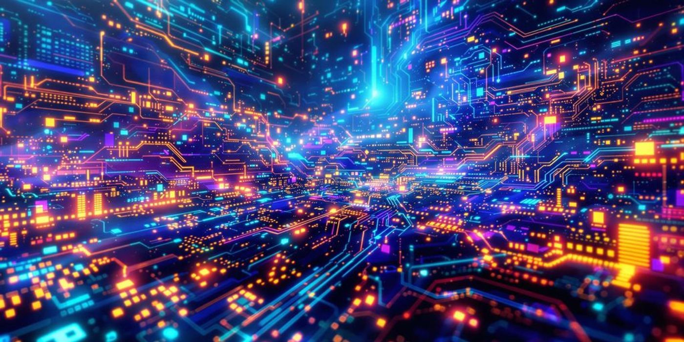 Abstract digital landscape with AI and web development elements.