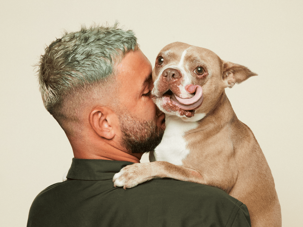 Man with his happy elderly terrier at Bowie Barker