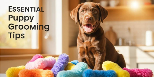 Image of a brown lab puppy on a pile of toys smiling at the camera