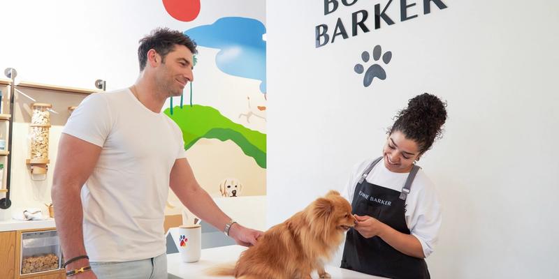Image of a customer happy at Bowie Barker as a groomer takes care of their dog