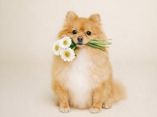 A very cute Pomeranian sits with daisy's in its mouth on a brown background