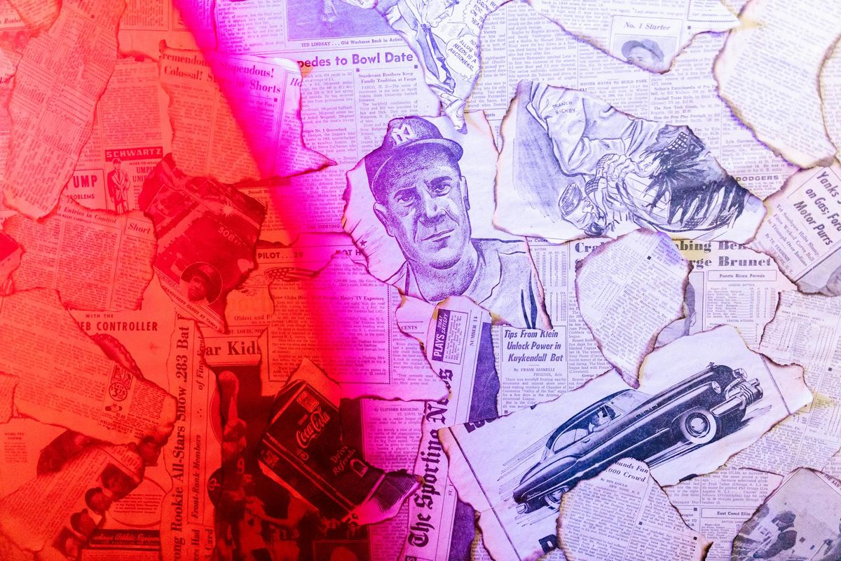 Kolase koran vintage dan ilustrasi — representasi arsip historis data HK Pools dari 2020 hingga 2026