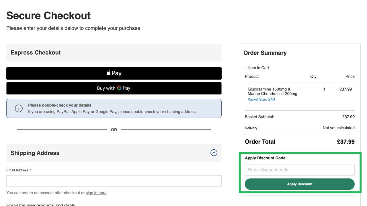 A secure checkout page showing an order summary and an "Apply Discount Code" section.