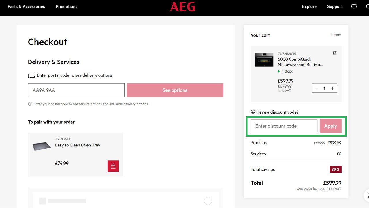 AEG checkout page with a discount code input field and 'Apply' button highlighted in green.