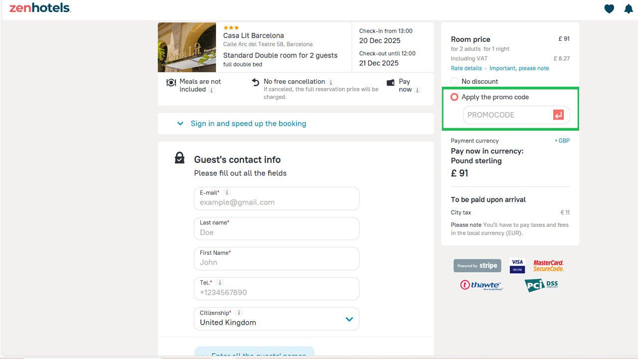 Hotel booking page with pre-filled guest info and a highlighted field to apply a promo code.