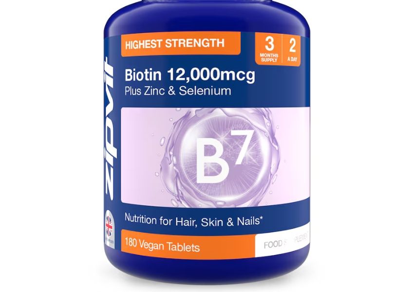 Blue bottle of ZIPVIT Biotin 12,000mcg plus Zinc & Selenium, 180 vegan tablets, for hair, skin & nails.