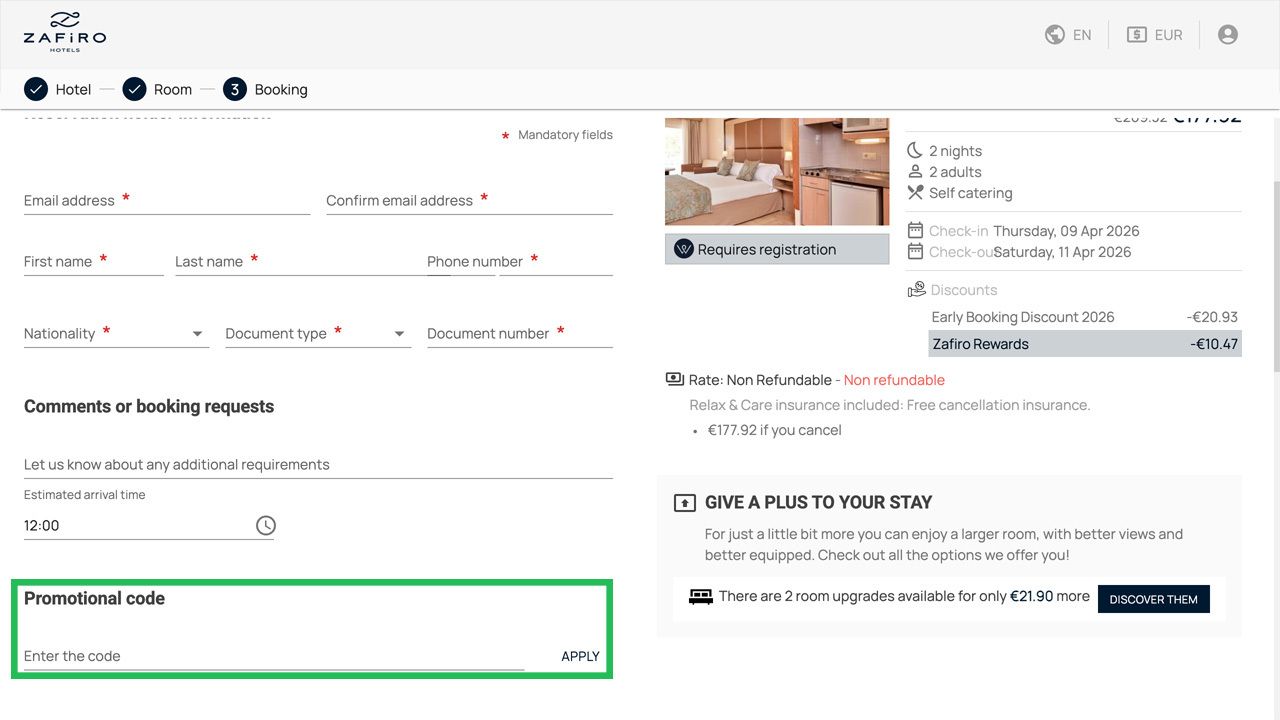 A Zafiro Hotels booking page with a green-highlighted "Promotional code" input field.