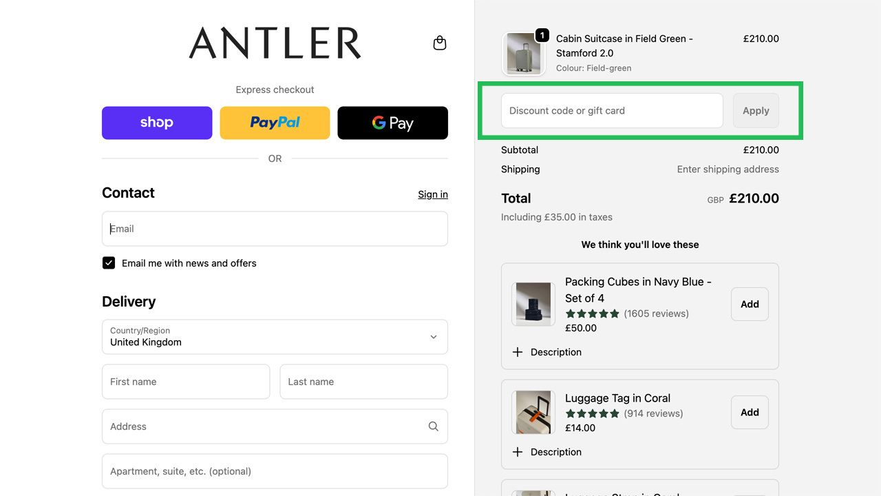 E-commerce checkout page for Antler showing order details for a green suitcase, customer information forms, and a highlighted input field for a discount code or gift card.