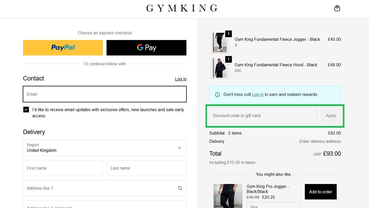 A GYM KING e-commerce checkout page showing contact and delivery fields, an order summary for two items totaling £93, and a highlighted discount code input field.
