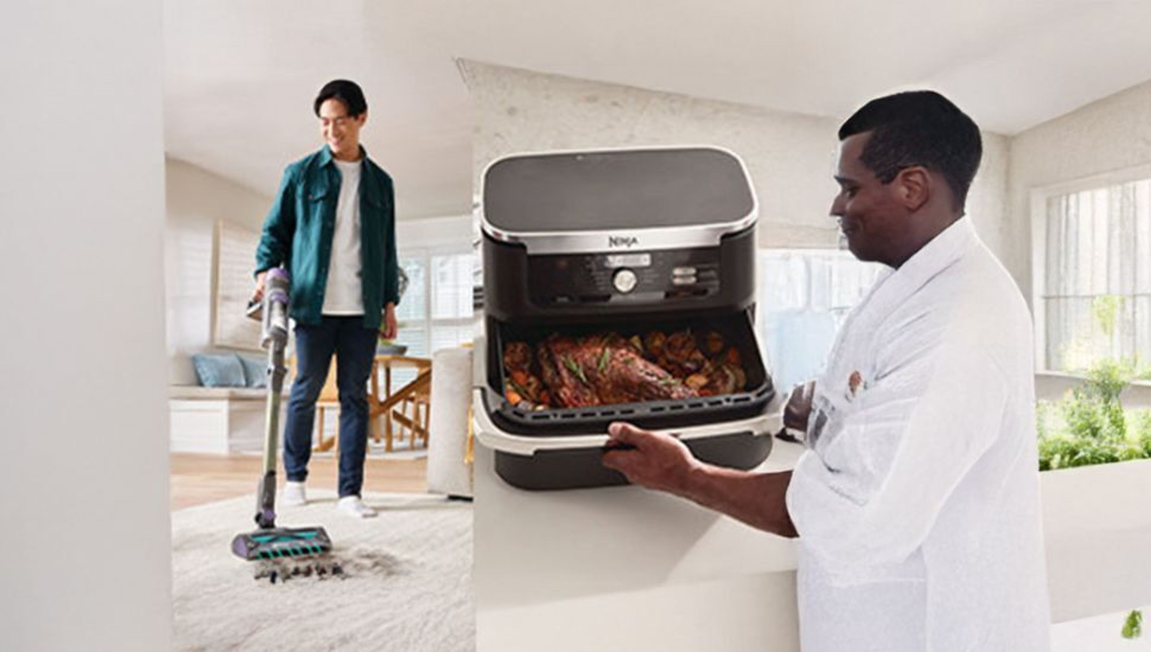 A man vacuums a rug while another man cooks a roast in a multi-cooker.