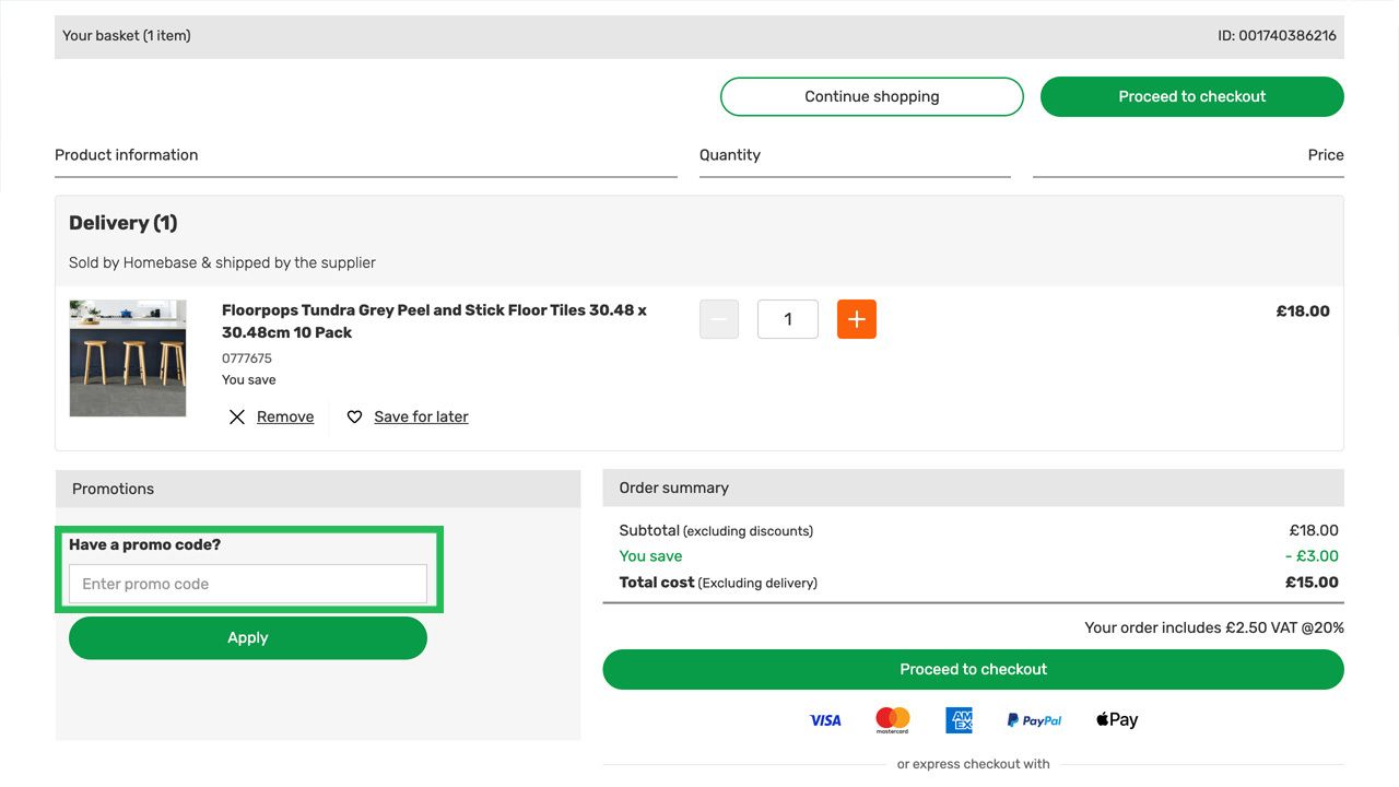 Online shopping cart page with a highlighted promo code input field and an order total of £15.00 after a discount.