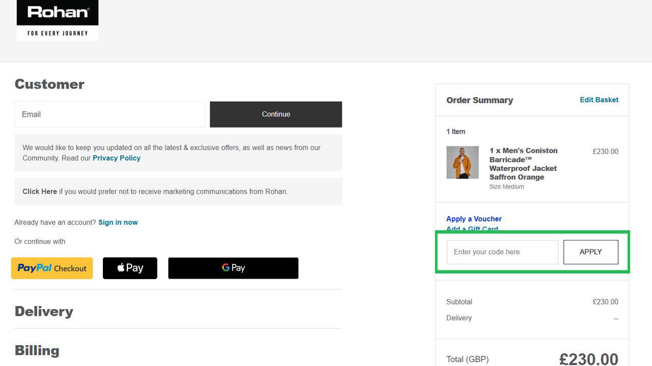 Checkout page with an empty voucher code input field and 'APPLY' button highlighted.
