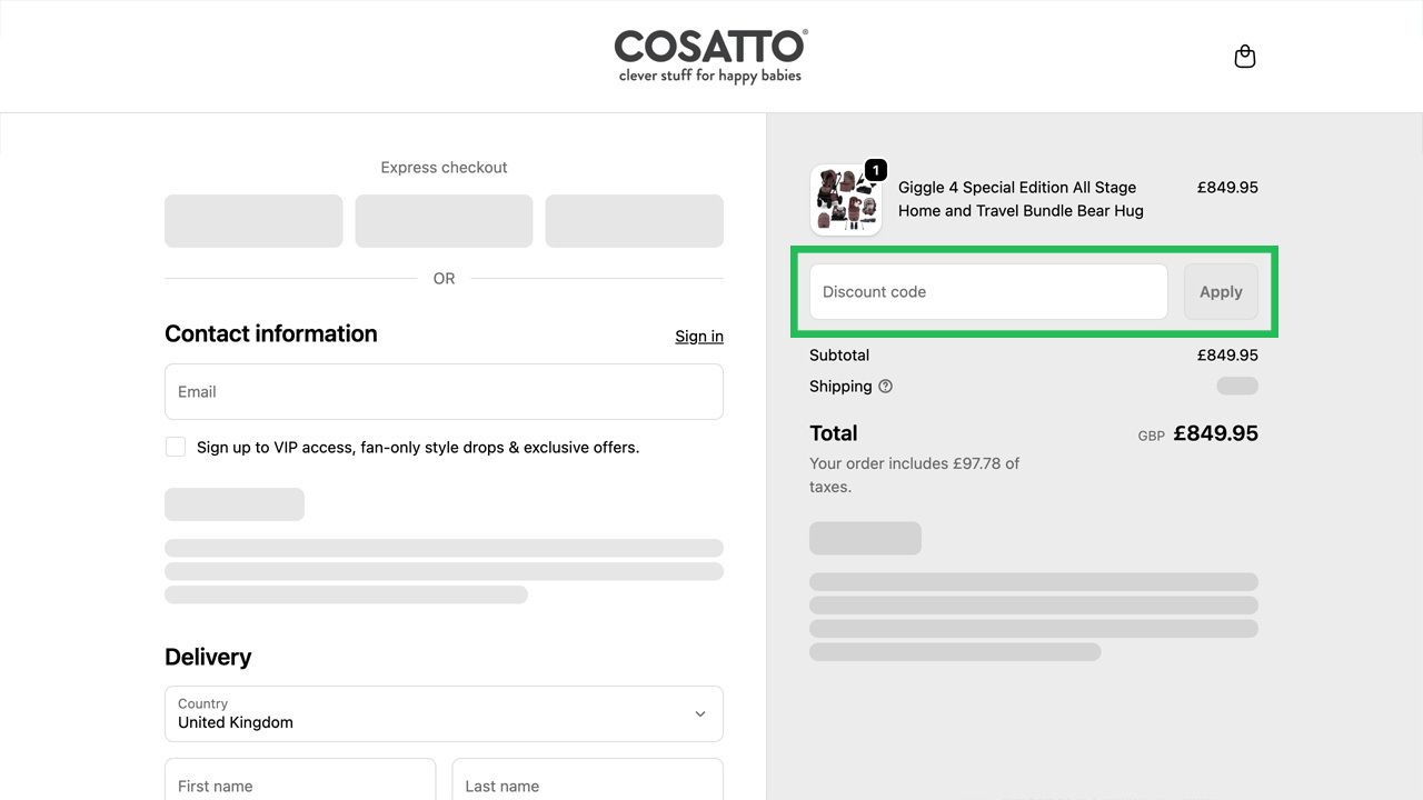 A Cosatto checkout page with a discount code field highlighted in green.