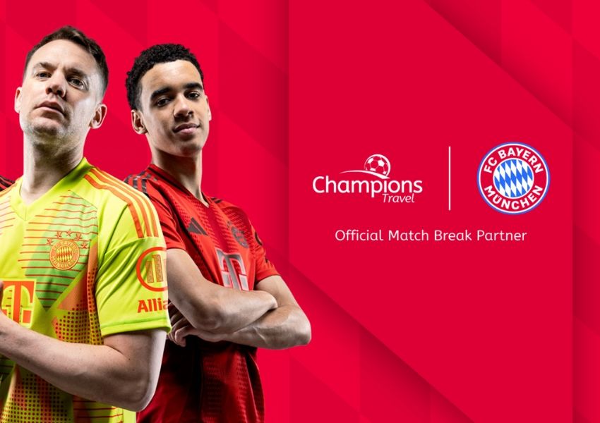 Two FC Bayern München players and logos for Champions Travel and FC Bayern München with text 'Official Match Break Partner'.