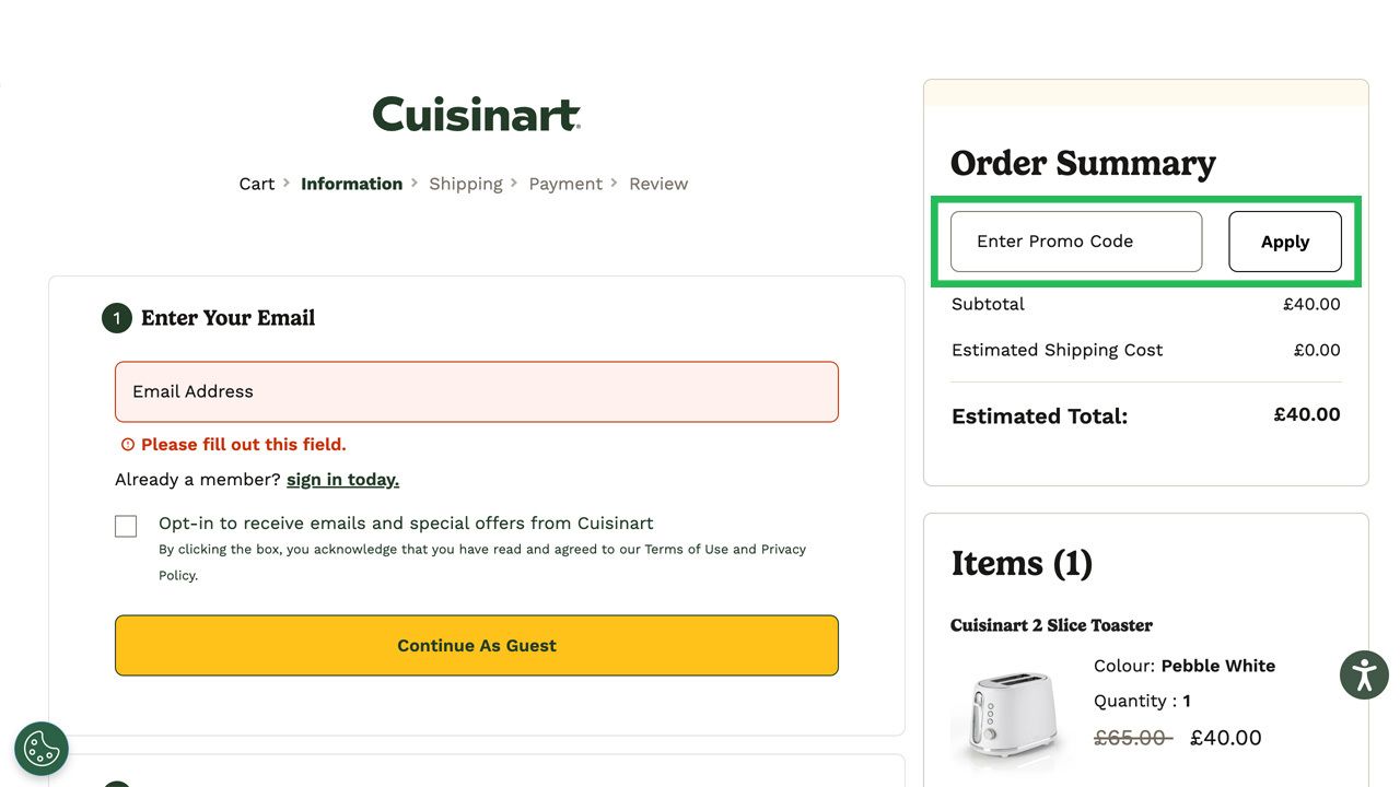 Where to enter your Cuisinart discount code