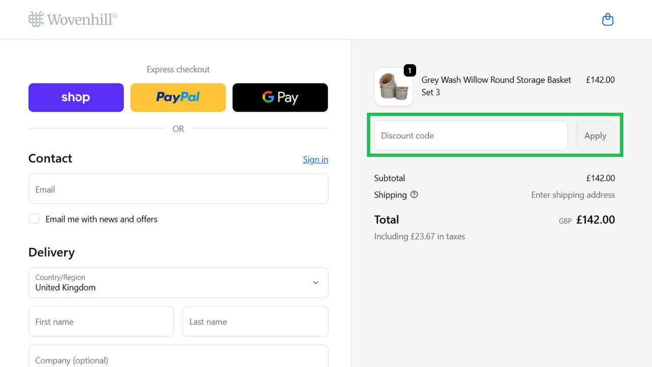 A Wovenhill e-commerce checkout page showing a grey storage basket, payment options, and a highlighted discount code field.