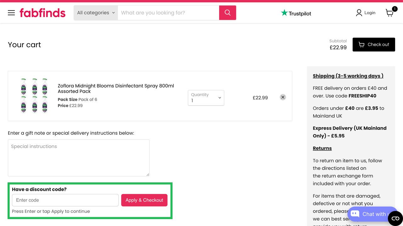 Shopping cart page with a highlighted discount code entry field and "Apply & Checkout" button.