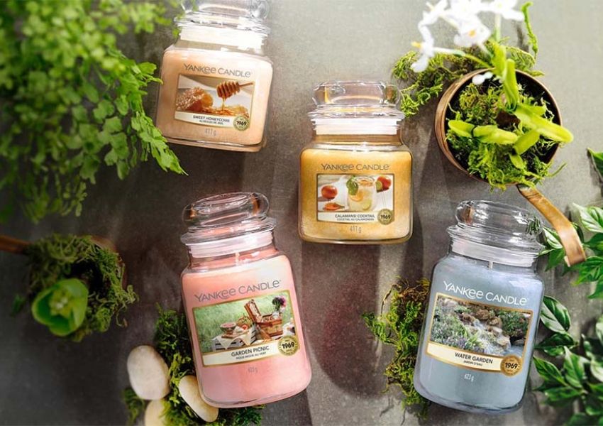 Four Yankee Candles (peach, yellow, pink, blue) nestled among green plants and moss.