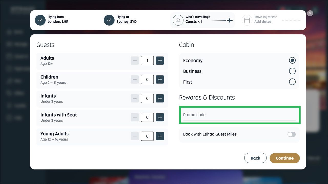 Flight booking form showing guest and cabin selections, with the "Promo code" input field highlighted.
