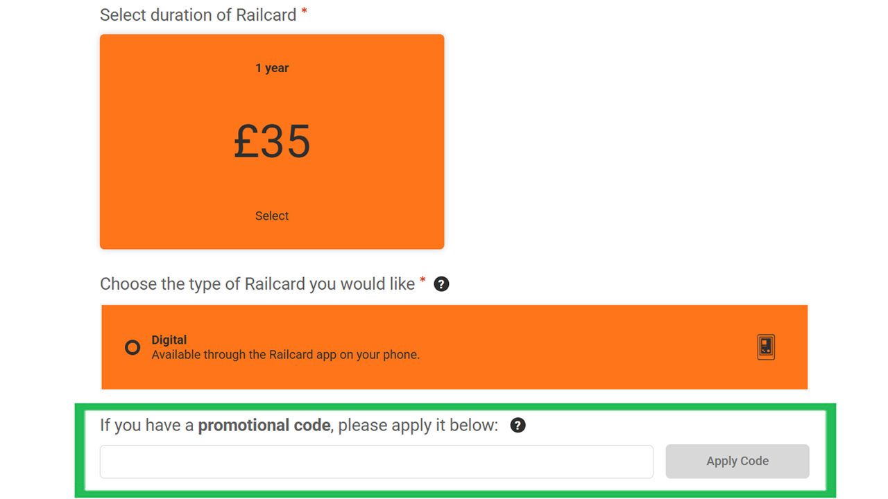 Railcard purchase form displaying options for a 1-year digital pass and a promotional code input field.