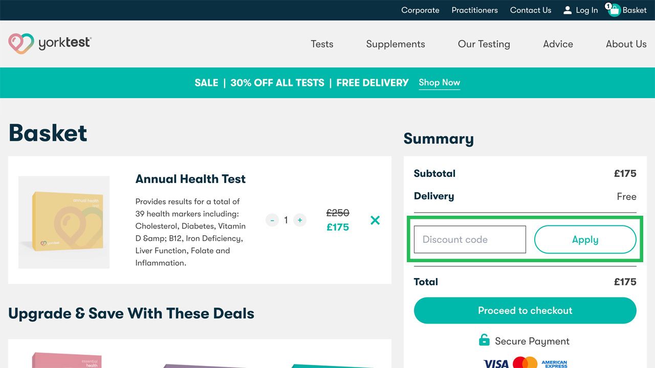 Yorktest shopping basket page with an 'Annual Health Test' for £175, showing a highlighted discount code input and 'Apply' button.